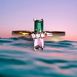 Dainty Vintage Rose Gold Ring Pink & Green Gemstone Womens Jewelry Antique Insp